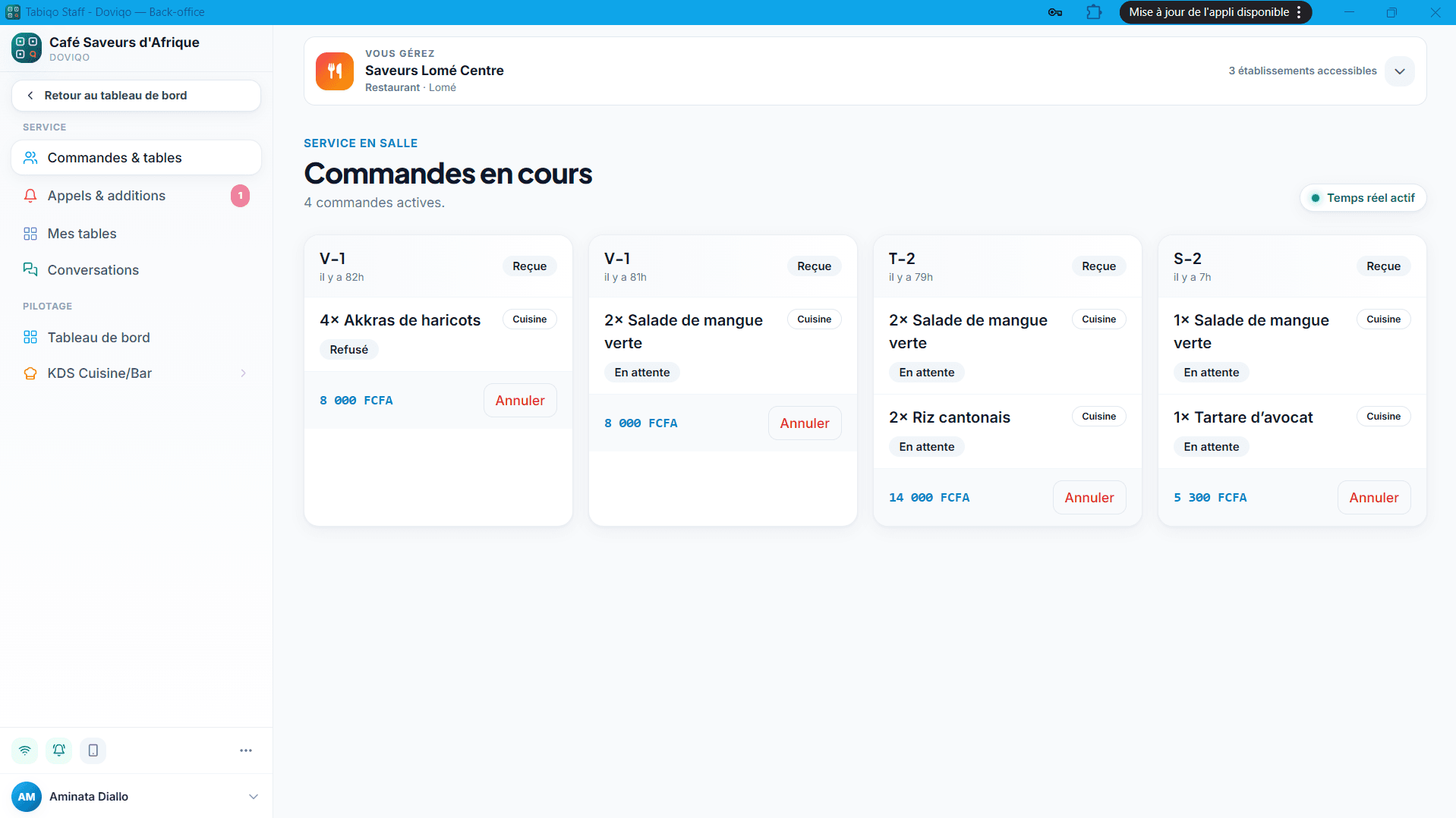 Commandes en cours — vue serveur Doviqo